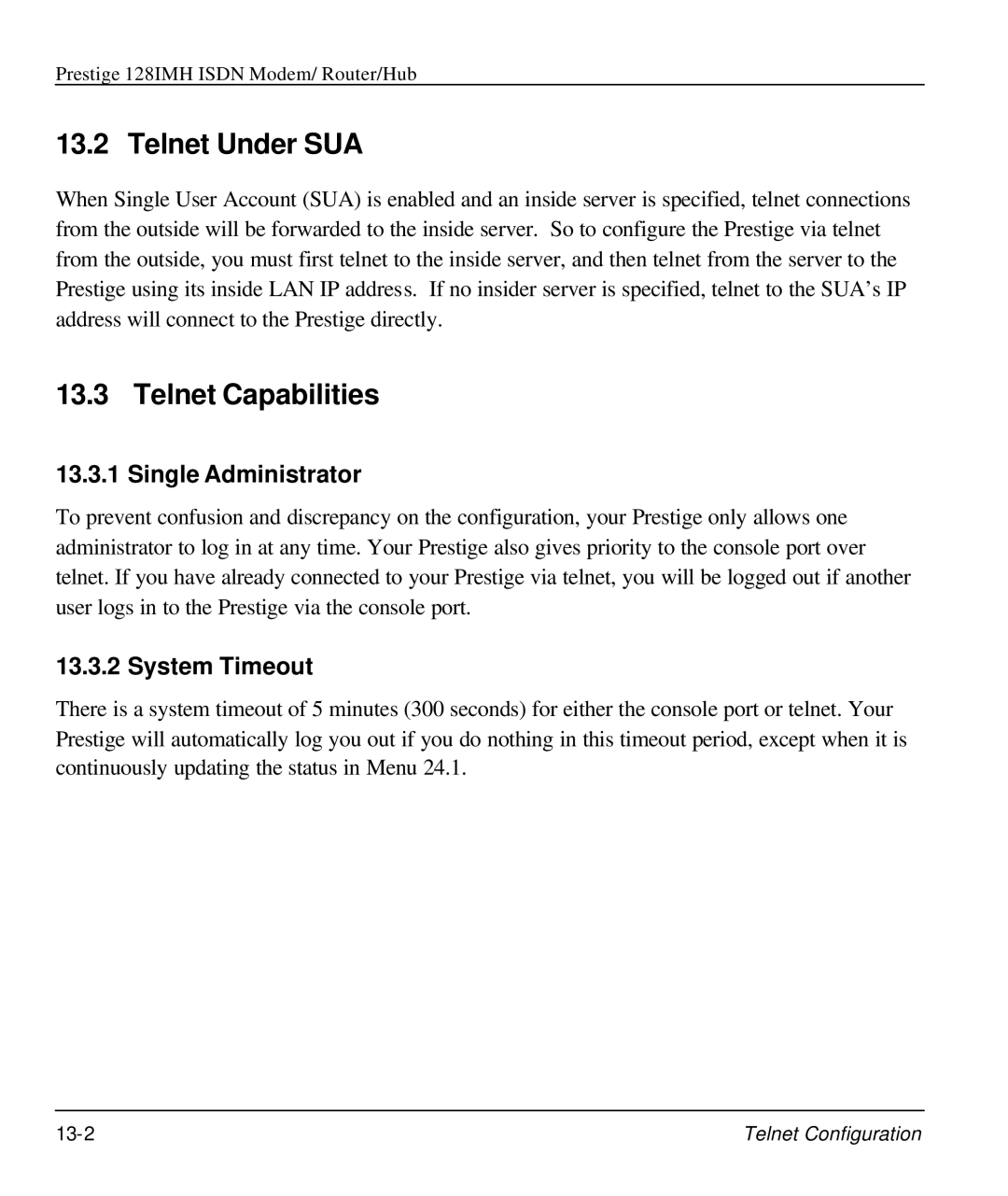 ZyXEL Communications 128IMH manual Telnet Under SUA, Telnet Capabilities, Single Administrator, System Timeout 