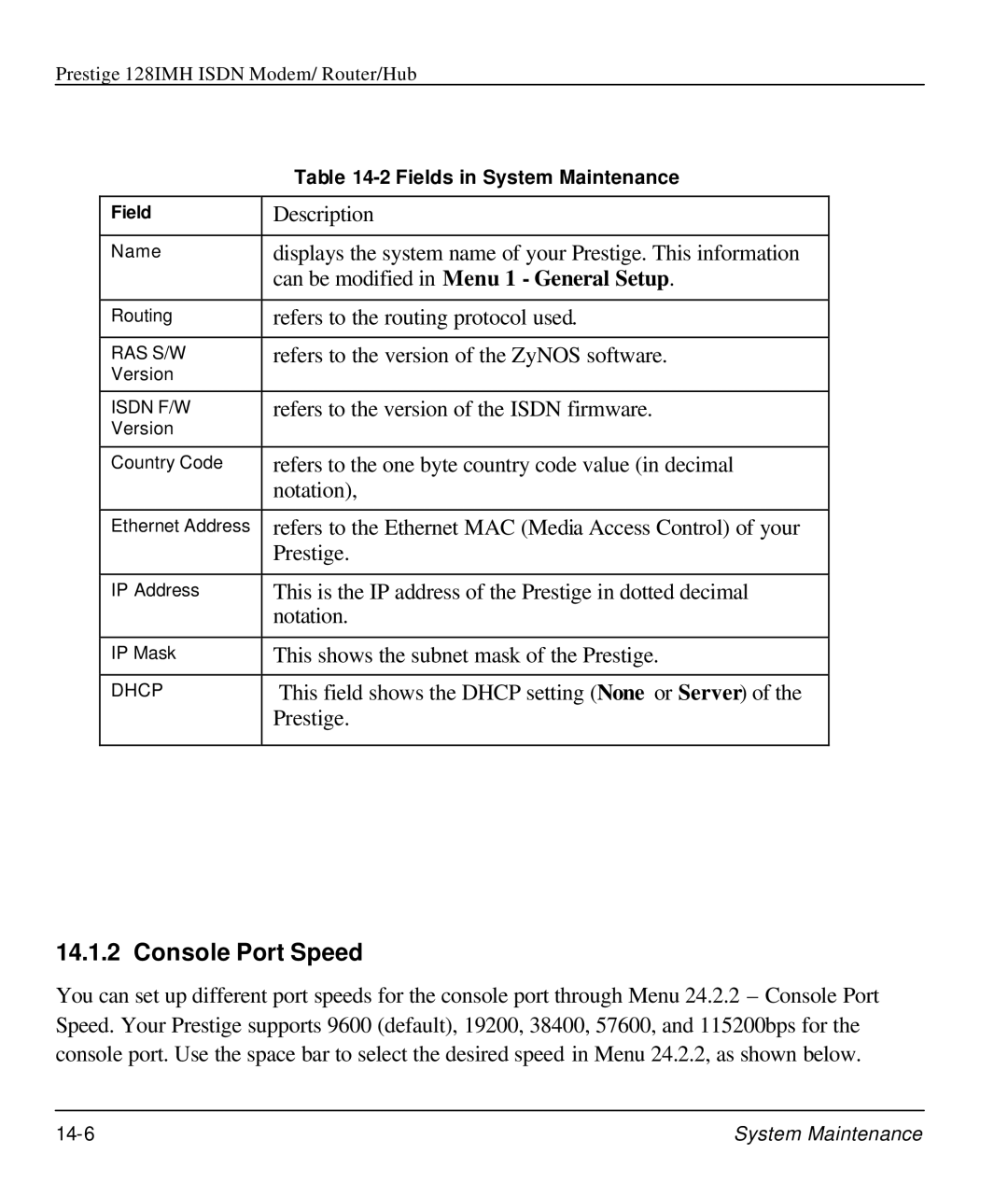 ZyXEL Communications 128IMH manual Console Port Speed, Fields in System Maintenance 