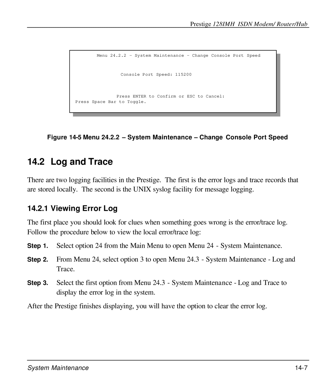 ZyXEL Communications 128IMH manual Log and Trace, Viewing Error Log 