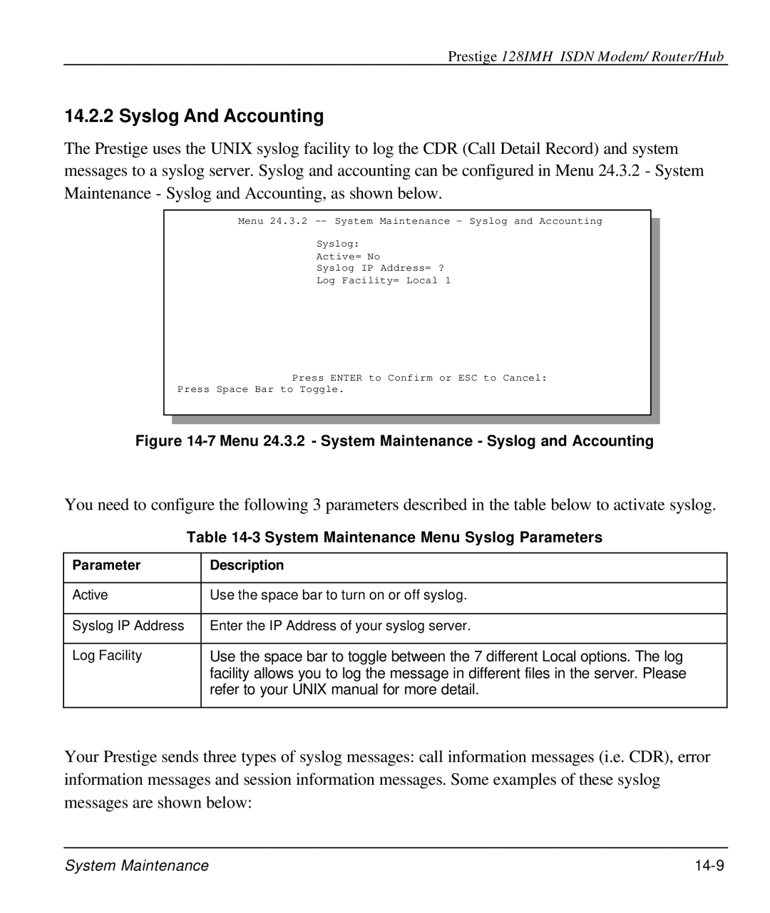 ZyXEL Communications 128IMH manual Syslog And Accounting, System Maintenance Menu Syslog Parameters, Parameter Description 