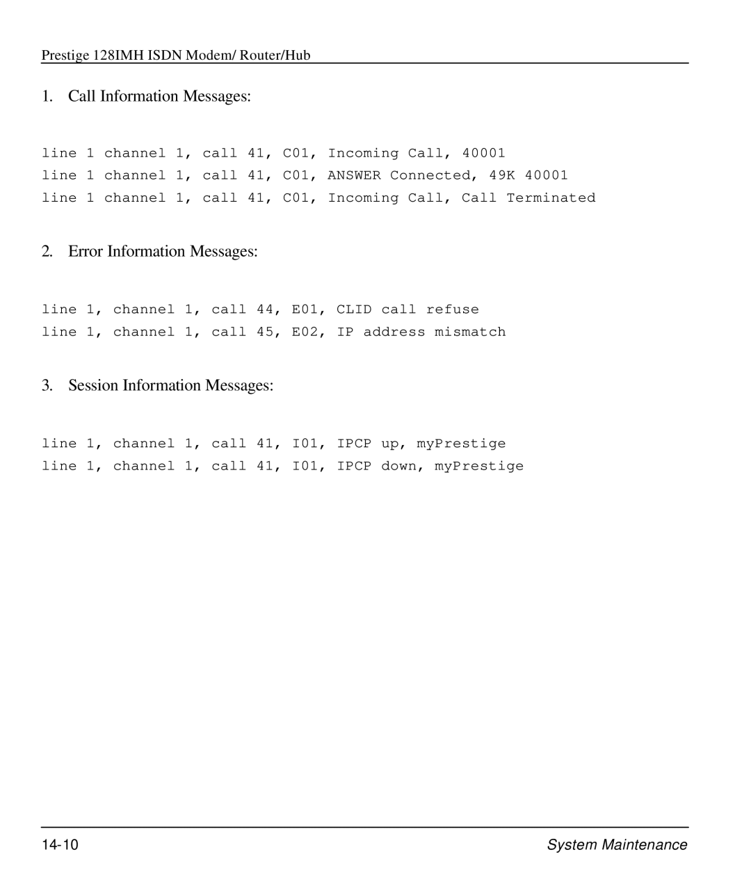 ZyXEL Communications 128IMH manual Call Information Messages 