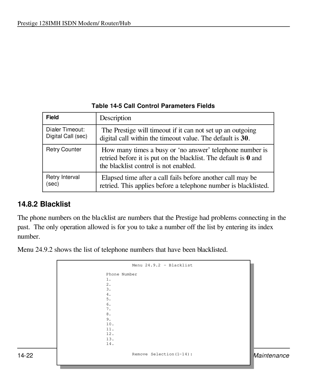 ZyXEL Communications 128IMH manual Blacklist, Call Control Parameters Fields 