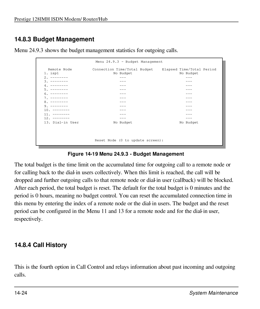 ZyXEL Communications 128IMH manual Budget Management, Call History 