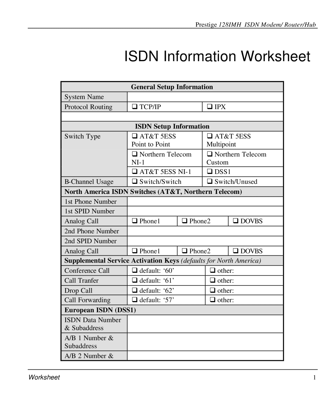 ZyXEL Communications 128IMH manual Isdn Information Worksheet, Isdn Setup Information 