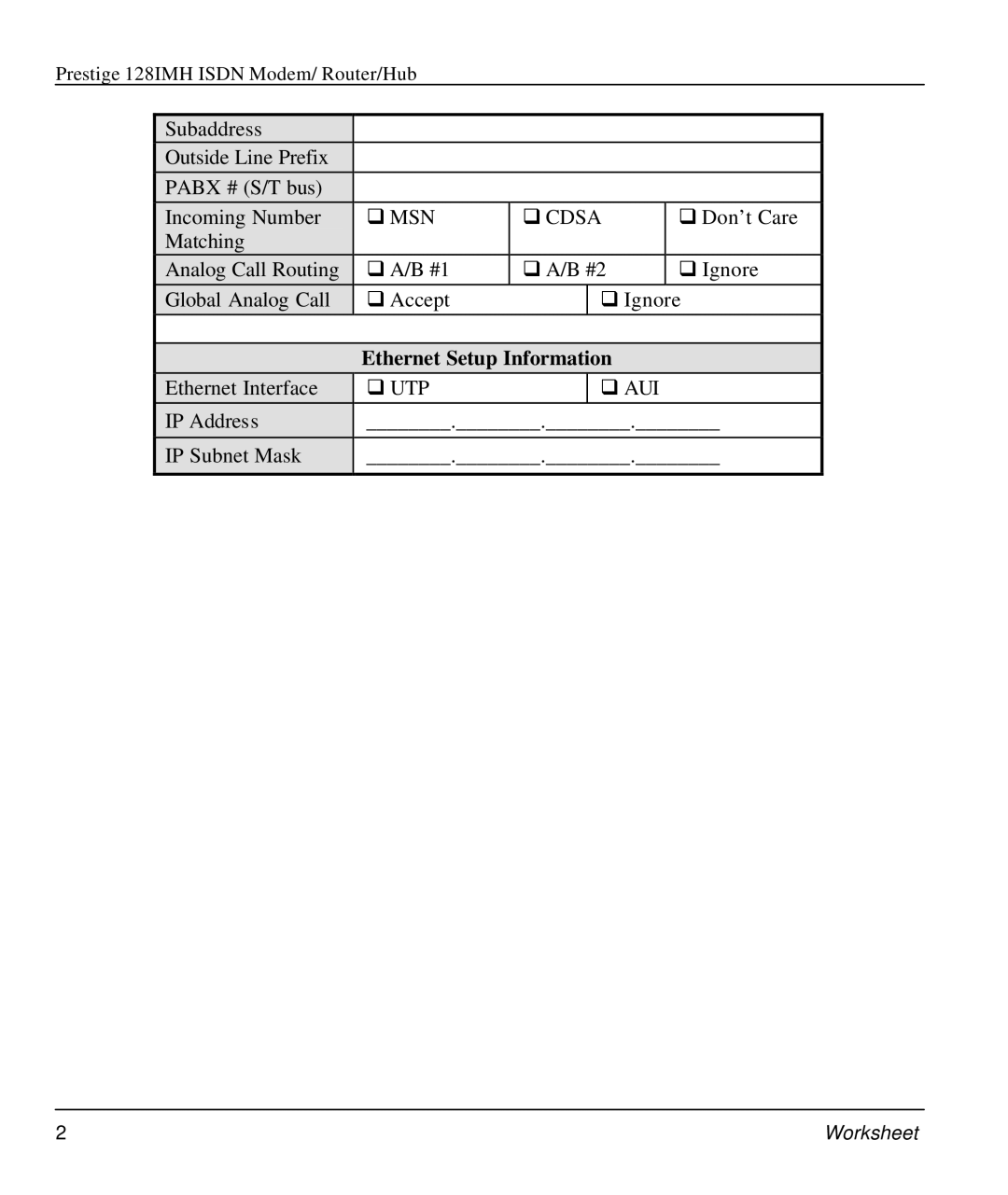 ZyXEL Communications 128IMH manual Ethernet Setup Information 