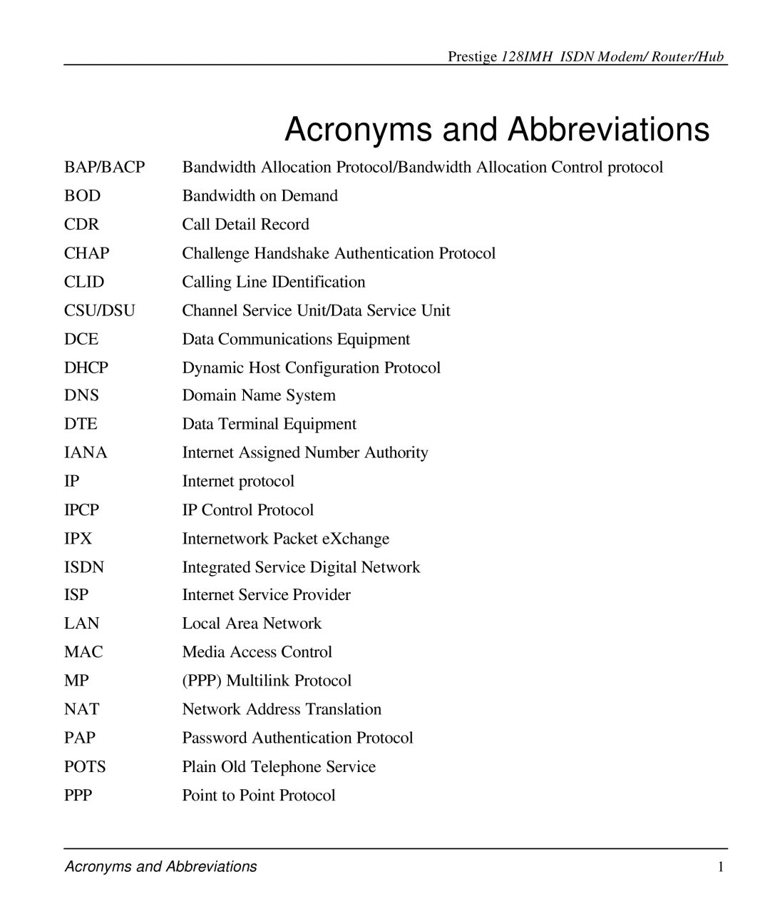 ZyXEL Communications 128IMH manual Acronyms and Abbreviations 