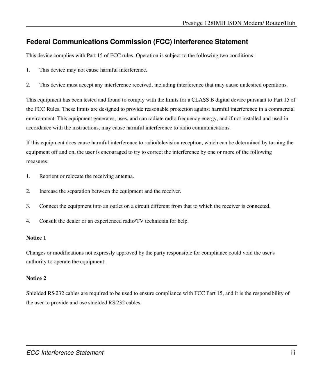 ZyXEL Communications 128IMH manual Federal Communications Commission FCC Interference Statement 