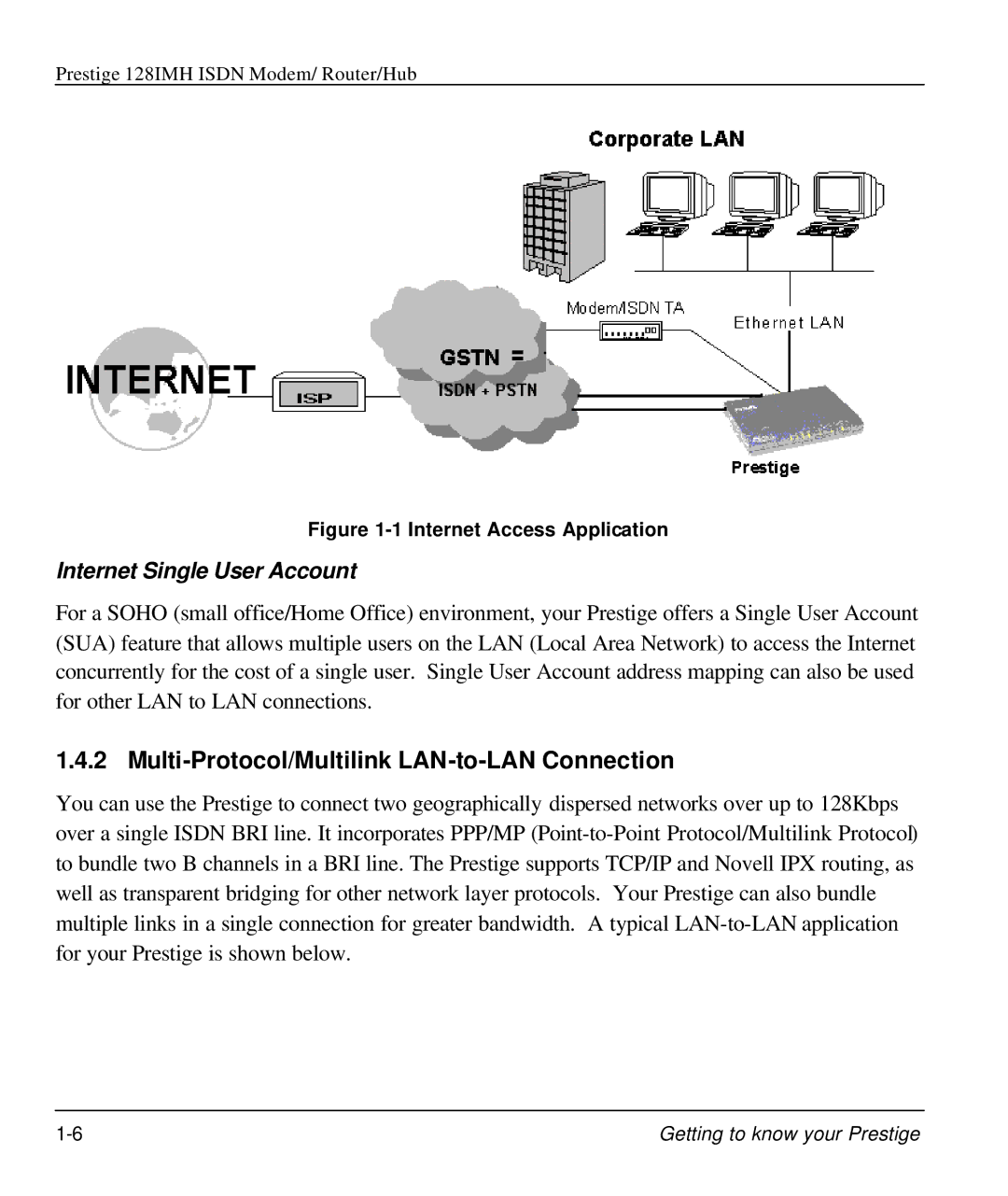 ZyXEL Communications 128IMH manual Multi-Protocol/Multilink LAN-to-LAN Connection, Internet Access Application 