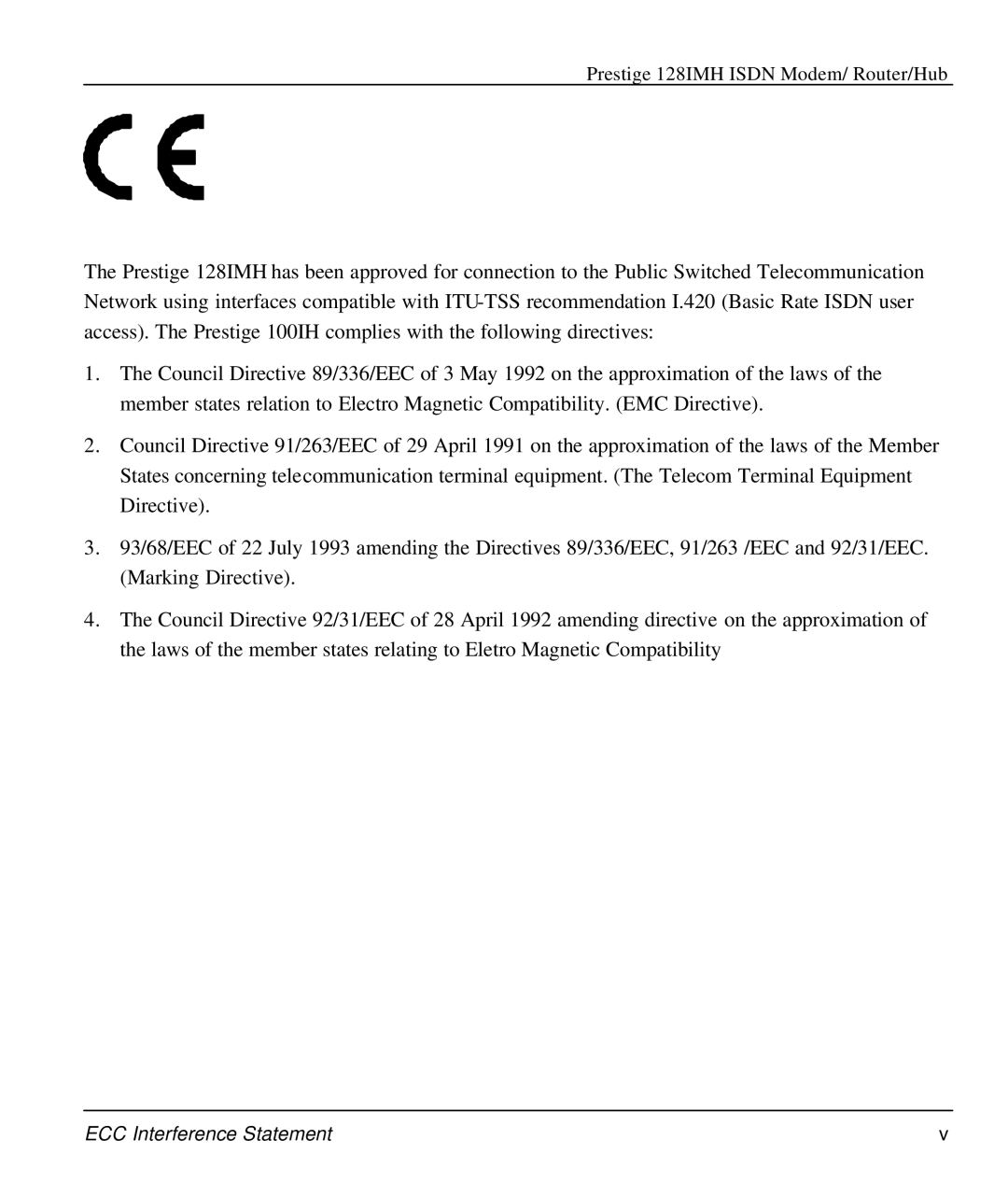 ZyXEL Communications 128IMH manual ECC Interference Statement 