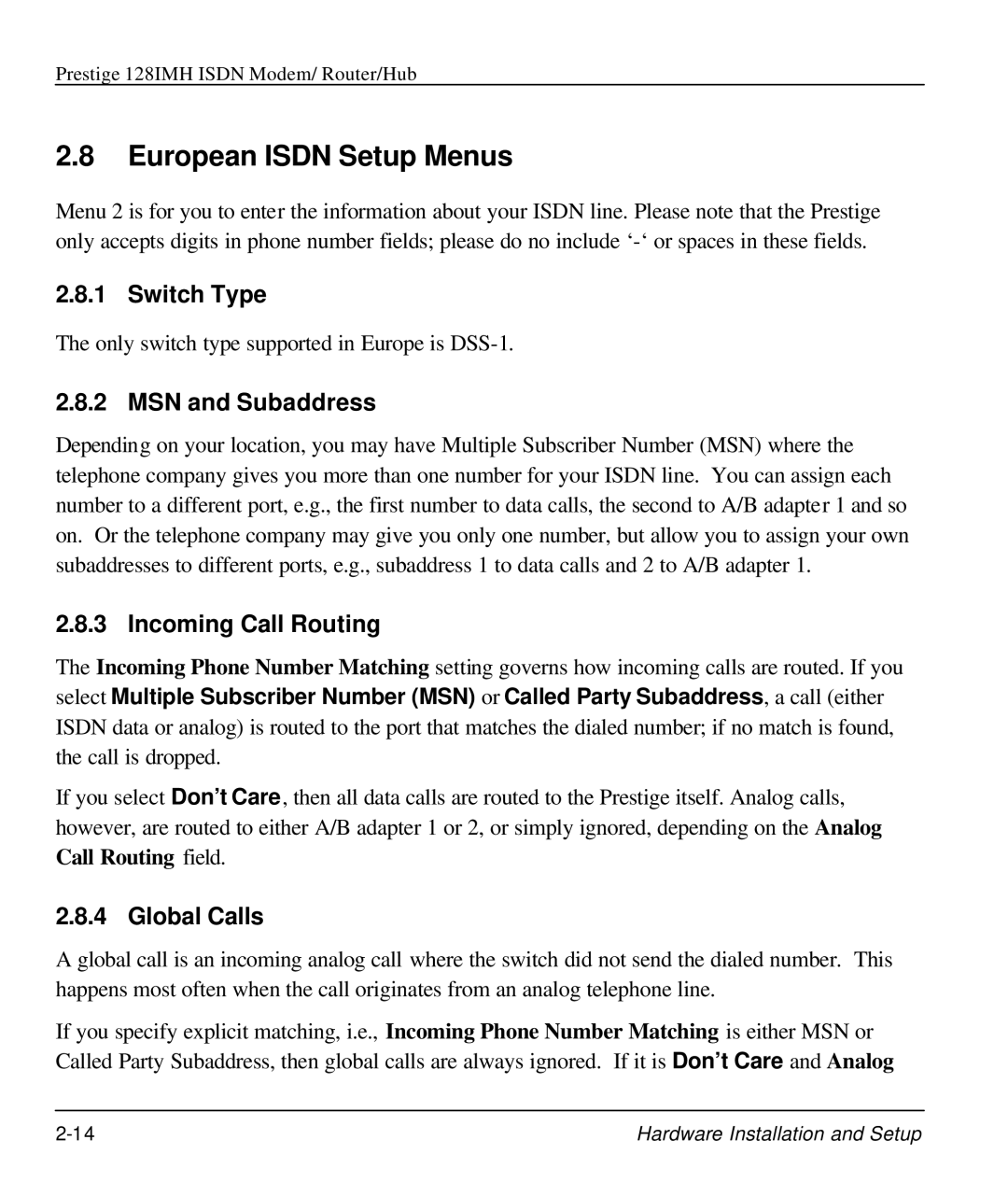 ZyXEL Communications 128IMH manual European Isdn Setup Menus, Switch Type, MSN and Subaddress, Incoming Call Routing 