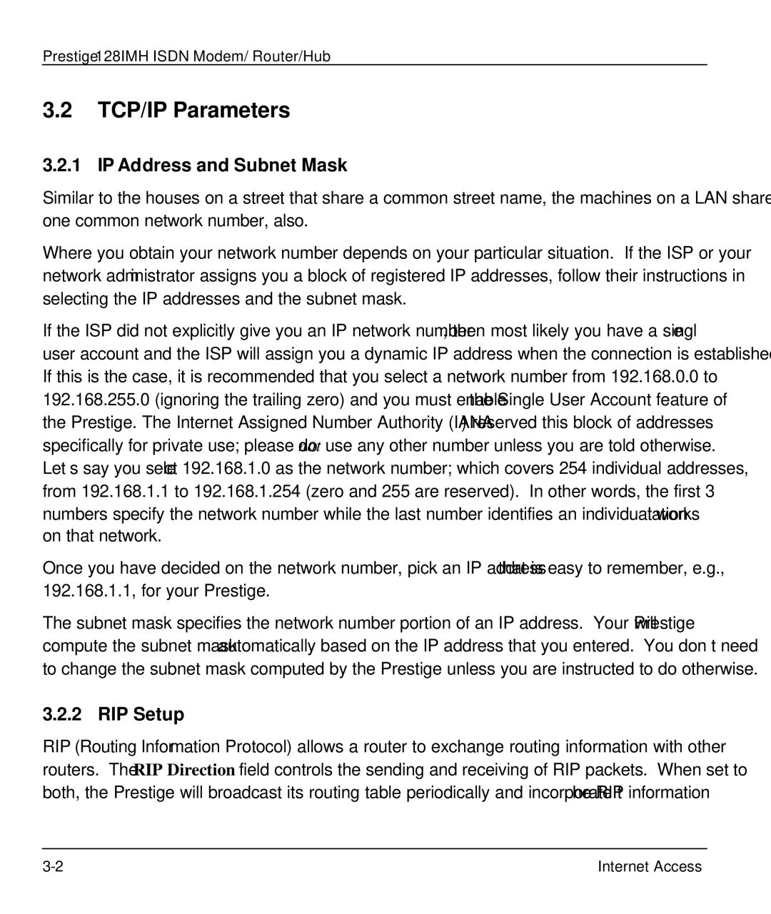 ZyXEL Communications 128IMH manual TCP/IP Parameters, IP Address and Subnet Mask, RIP Setup 