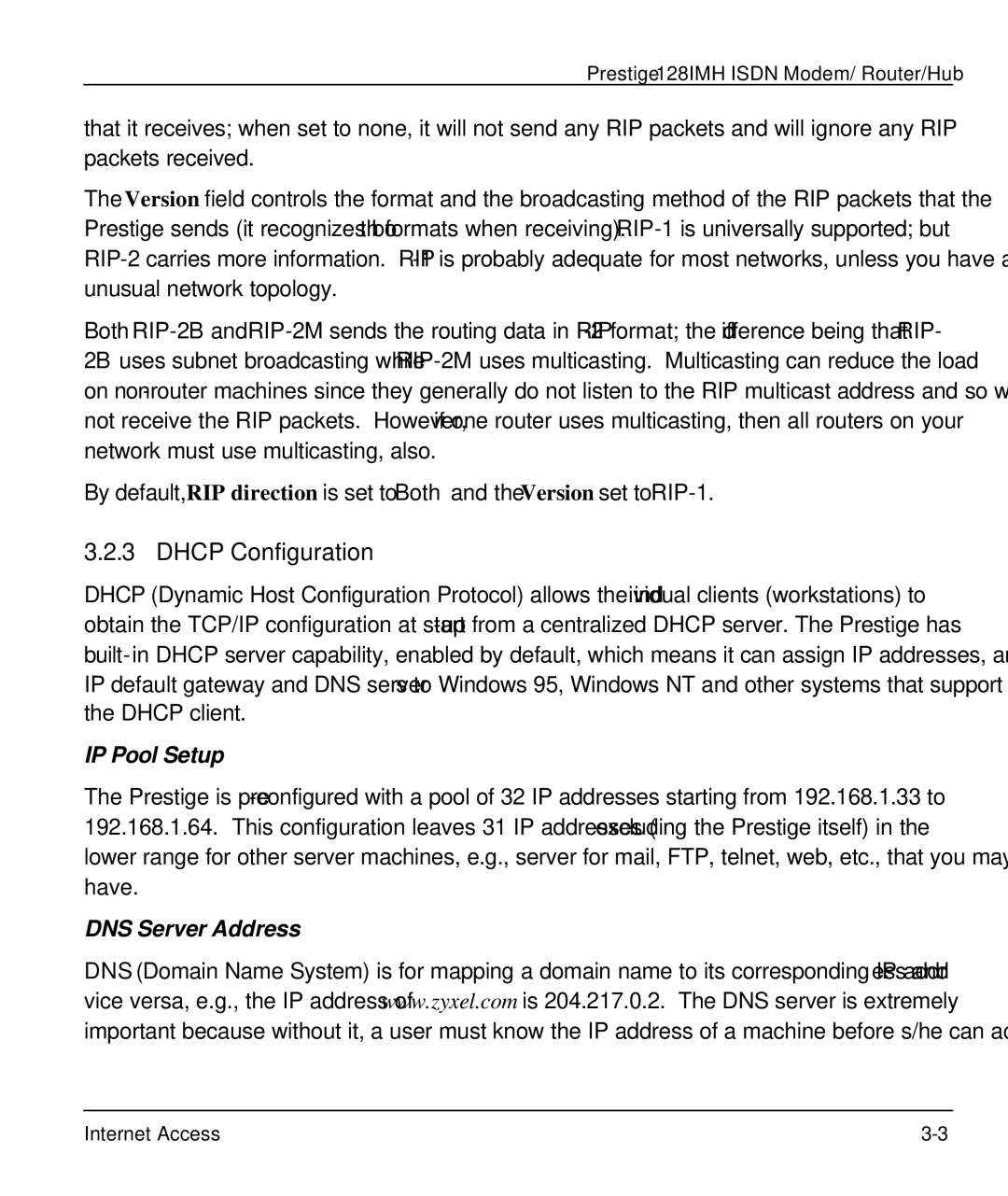 ZyXEL Communications 128IMH manual Dhcp Configuration, IP Pool Setup 