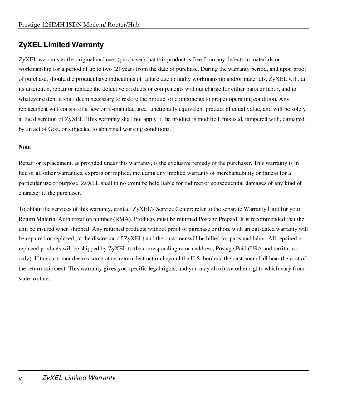 ZyXEL Communications 128IMH manual ZyXEL Limited Warranty 