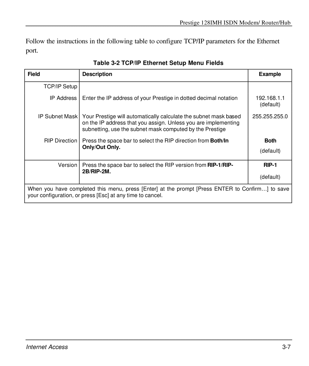 ZyXEL Communications 128IMH manual TCP/IP Ethernet Setup Menu Fields, Both, Only/Out Only, 2B/RIP-2M 