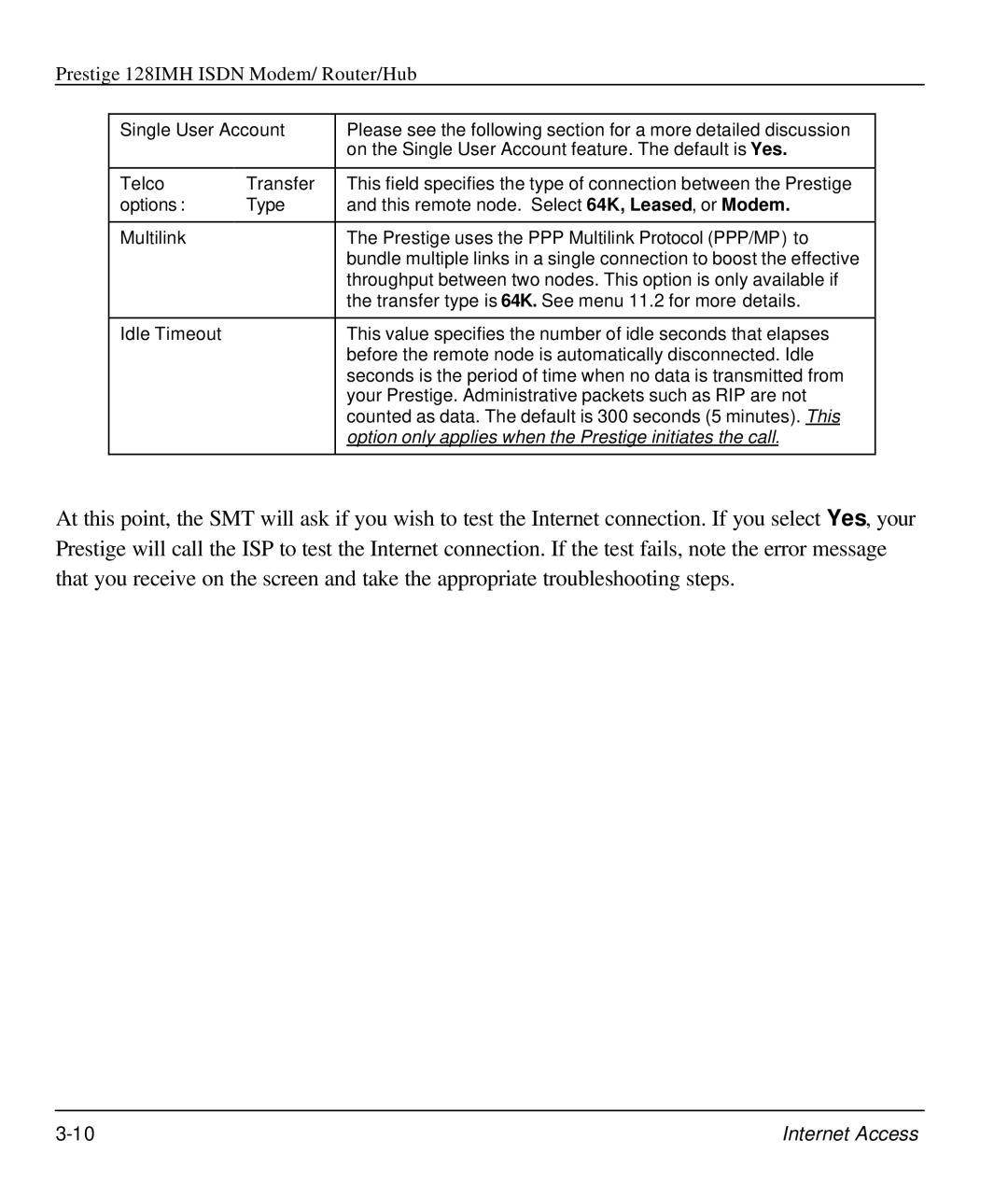 ZyXEL Communications 128IMH manual Option only applies when the Prestige initiates the call 