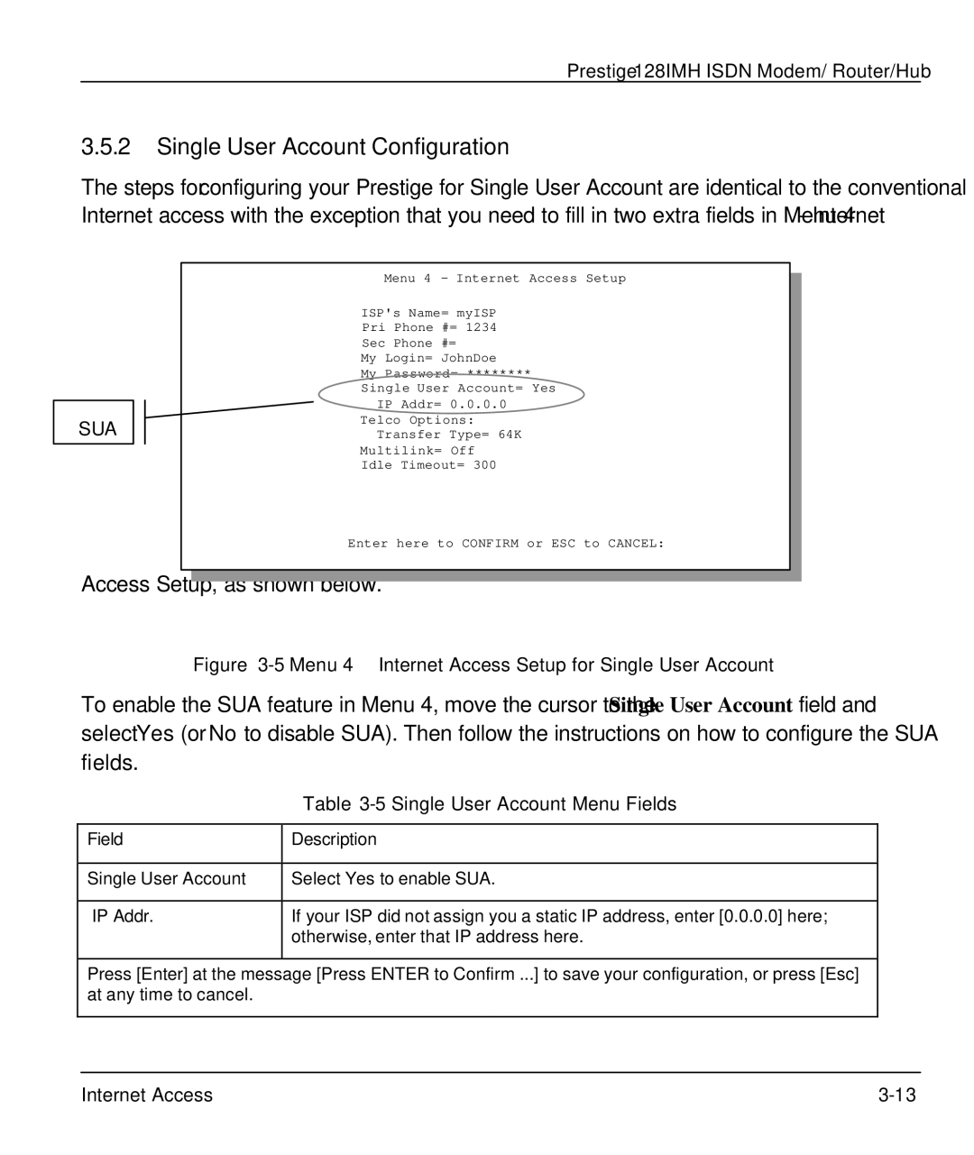 ZyXEL Communications 128IMH manual Single User Account Configuration, Single User Account Menu Fields 