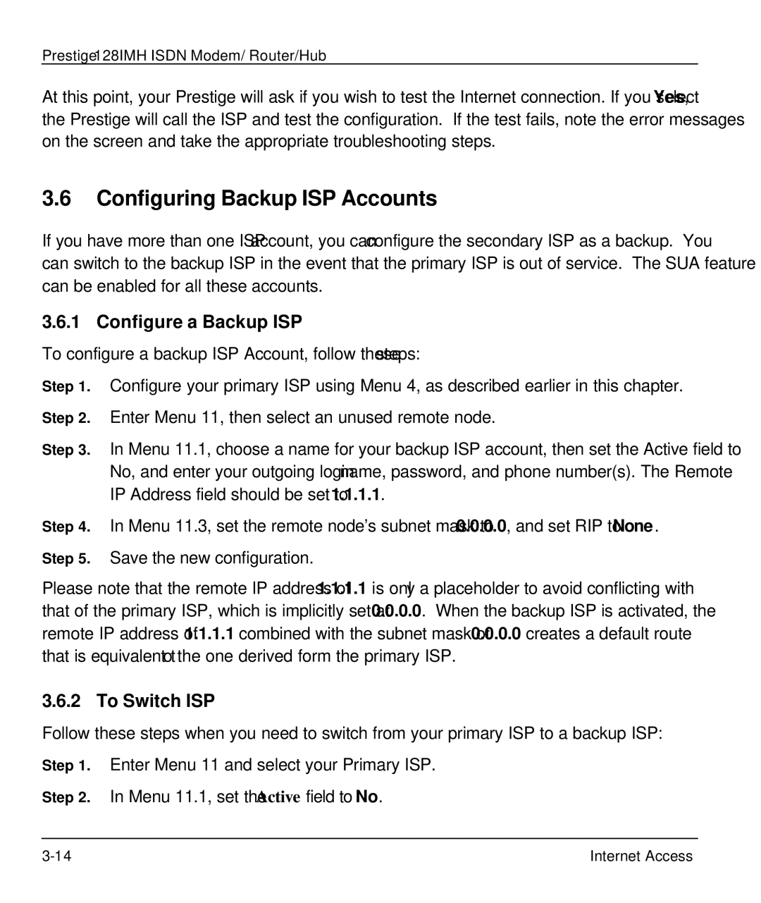 ZyXEL Communications 128IMH manual Configuring Backup ISP Accounts, Configure a Backup ISP, To Switch ISP 