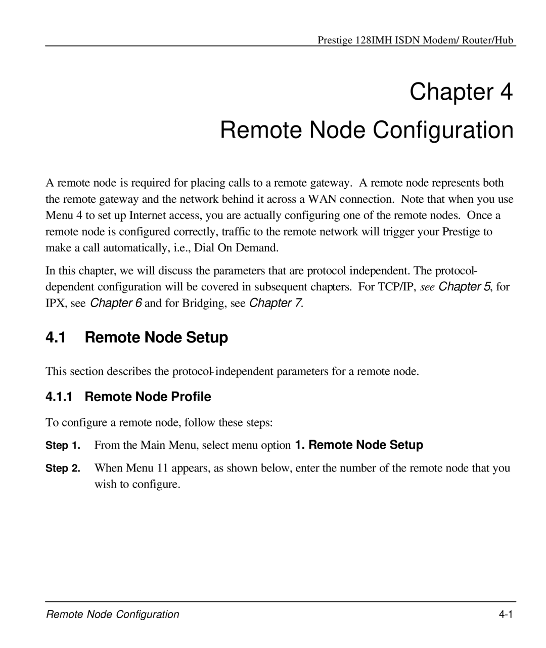 ZyXEL Communications 128IMH manual Chapter Remote Node Configuration, Remote Node Setup, Remote Node Profile 