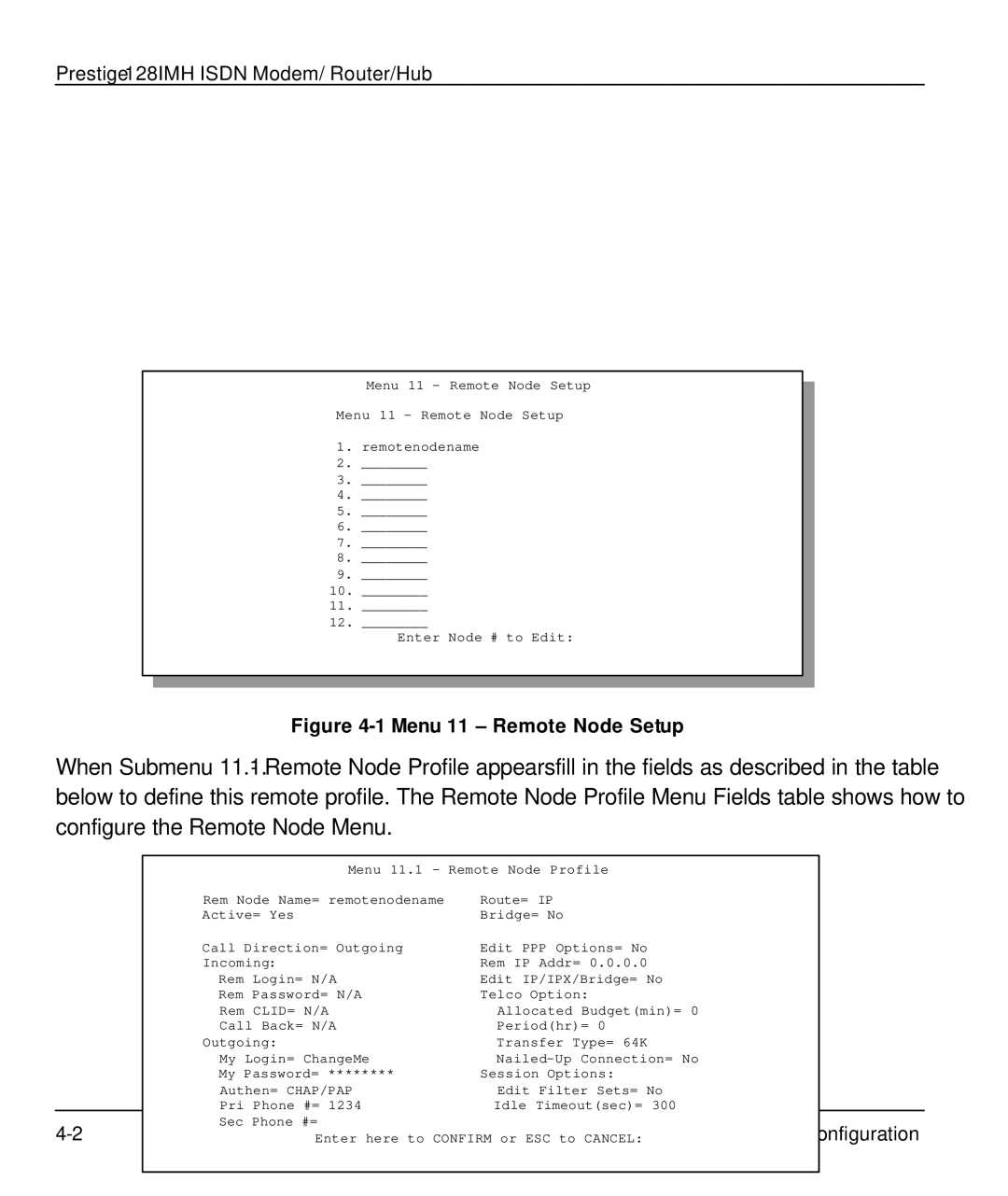 ZyXEL Communications 128IMH manual Menu 11 Remote Node Setup 