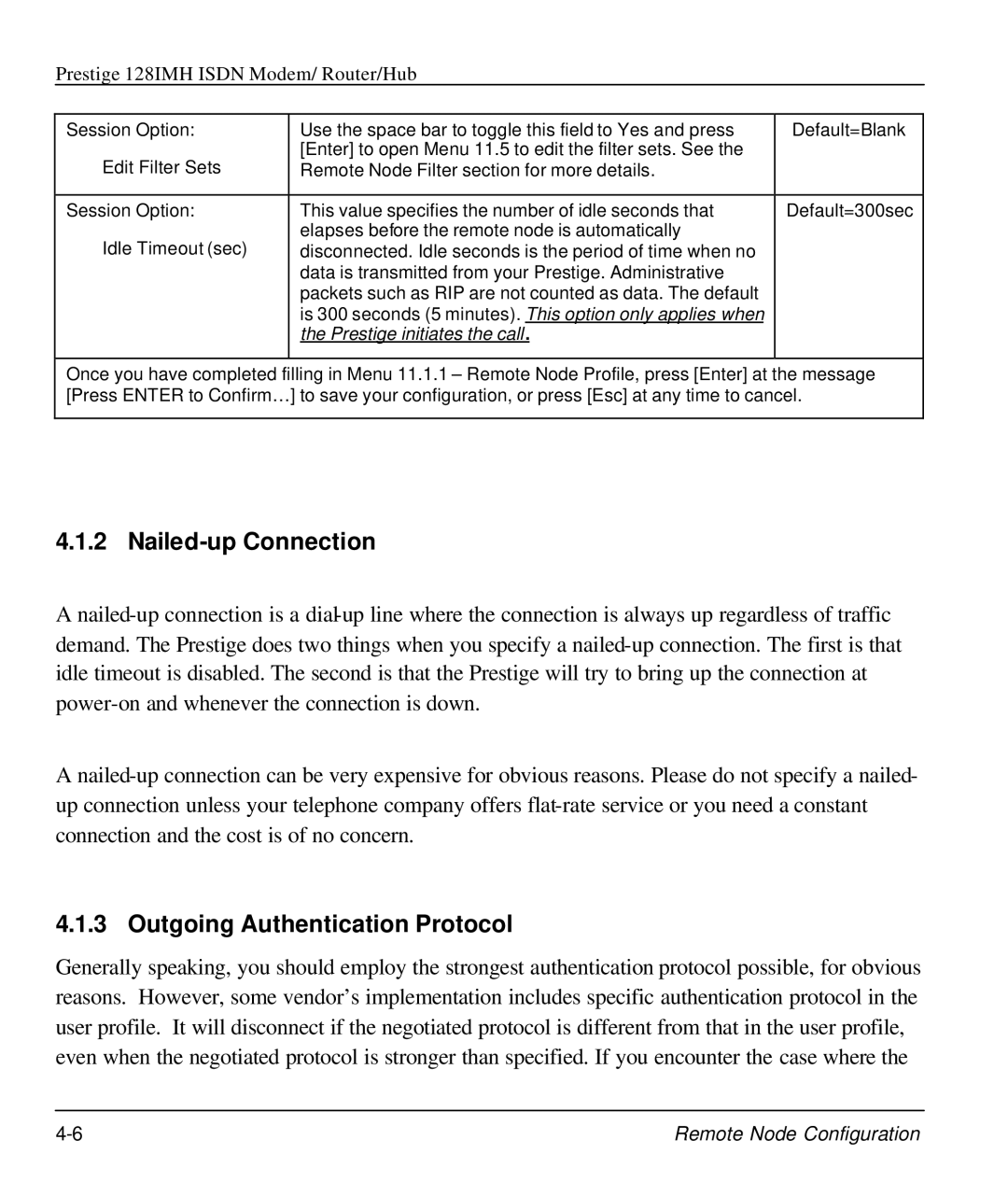 ZyXEL Communications 128IMH manual Nailed-up Connection, Outgoing Authentication Protocol 