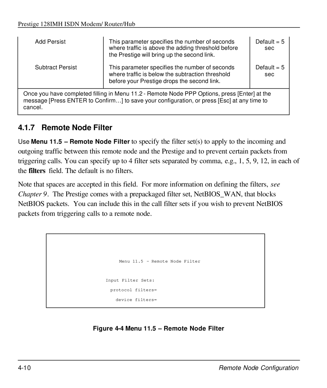 ZyXEL Communications 128IMH manual Menu 11.5 Remote Node Filter 