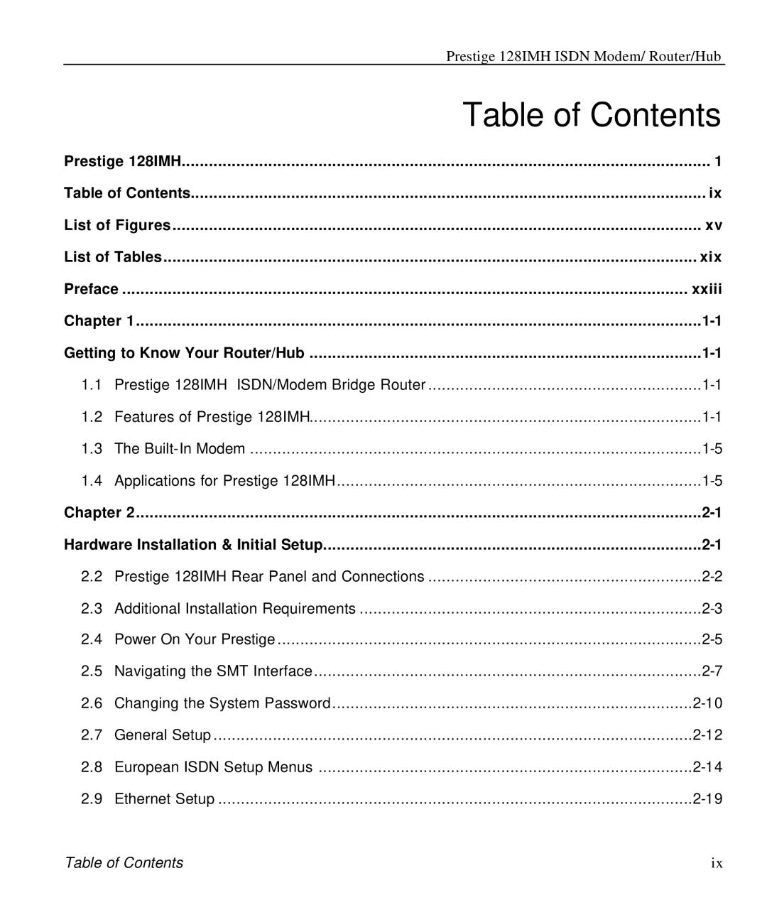 ZyXEL Communications 128IMH manual Table of Contents 