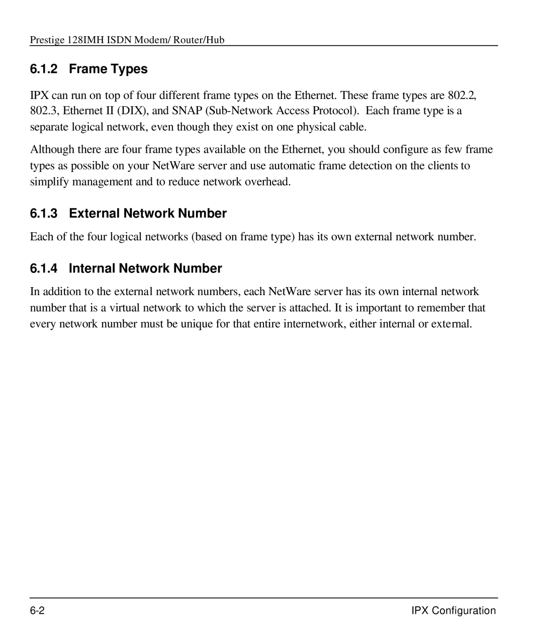 ZyXEL Communications 128IMH manual Frame Types, External Network Number, Internal Network Number 