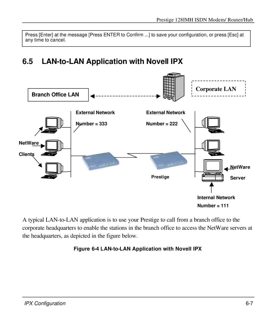 ZyXEL Communications 128IMH manual LAN-to-LAN Application with Novell IPX, NetWare Clients External Network Number = 