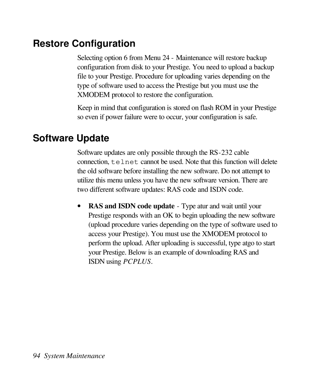 ZyXEL Communications 128L user manual Restore Configuration, Software Update 