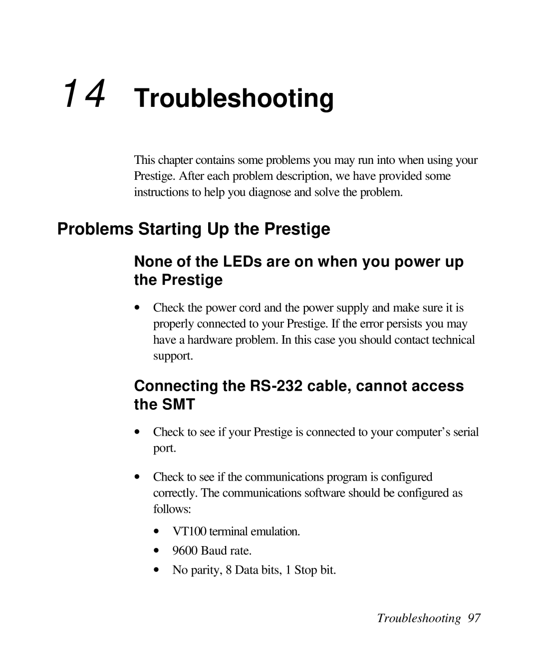 ZyXEL Communications 128L user manual Troubleshooting, Problems Starting Up the Prestige 