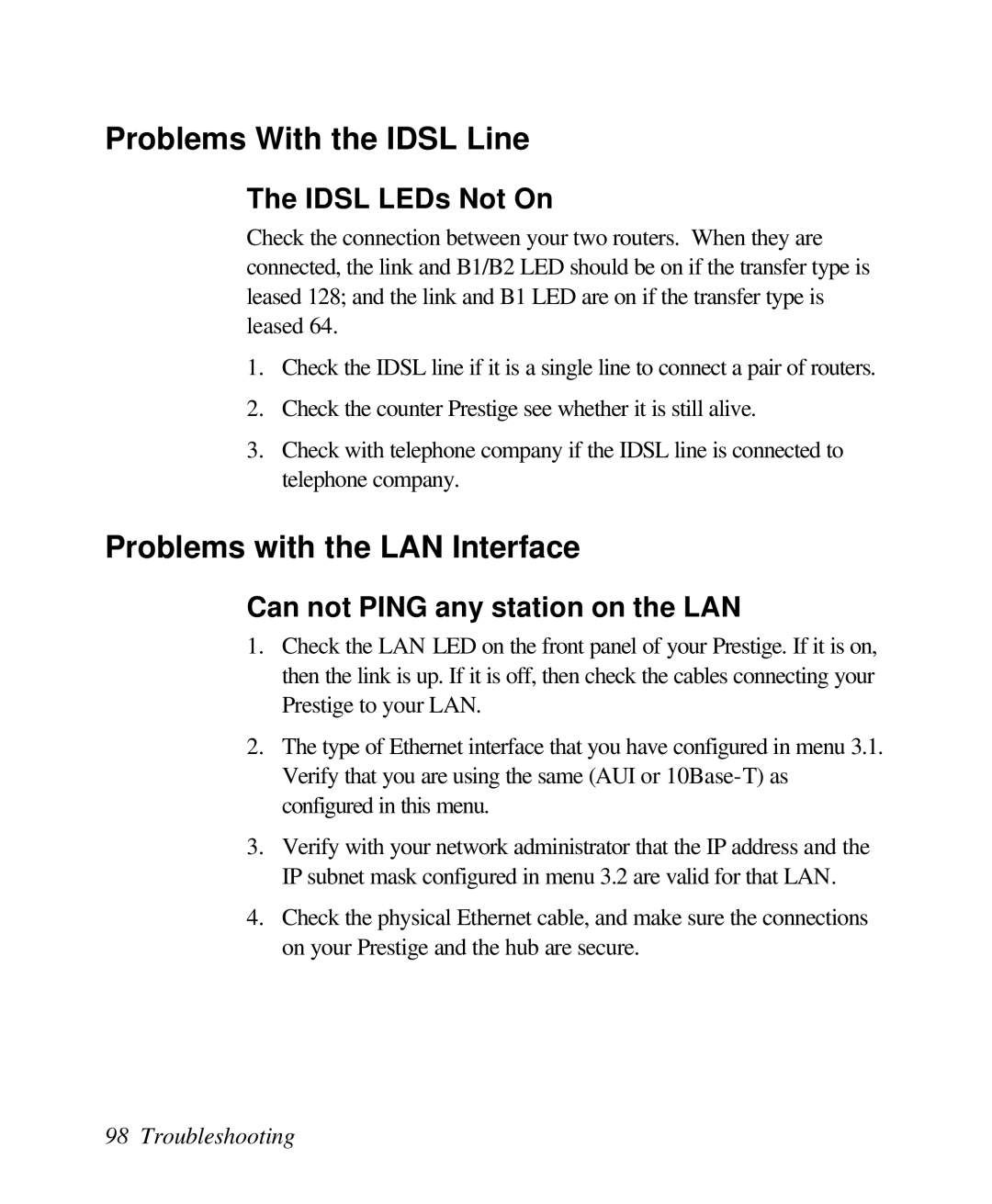 ZyXEL Communications 128L user manual Problems With the Idsl Line, Problems with the LAN Interface, Idsl LEDs Not On 