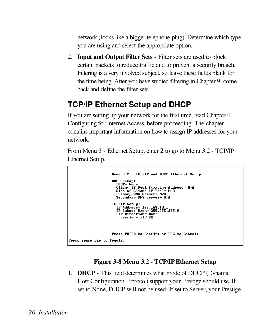 ZyXEL Communications 128L user manual TCP/IP Ethernet Setup and Dhcp, Menu 3.2 TCP/IP Ethernet Setup 