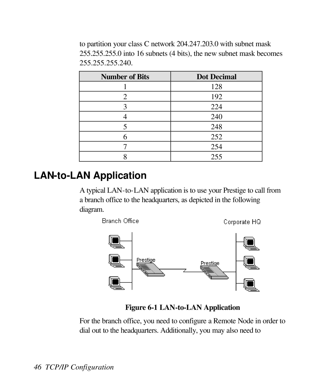 ZyXEL Communications 128L user manual LAN-to-LAN Application, 46 TCP/IP Configuration 