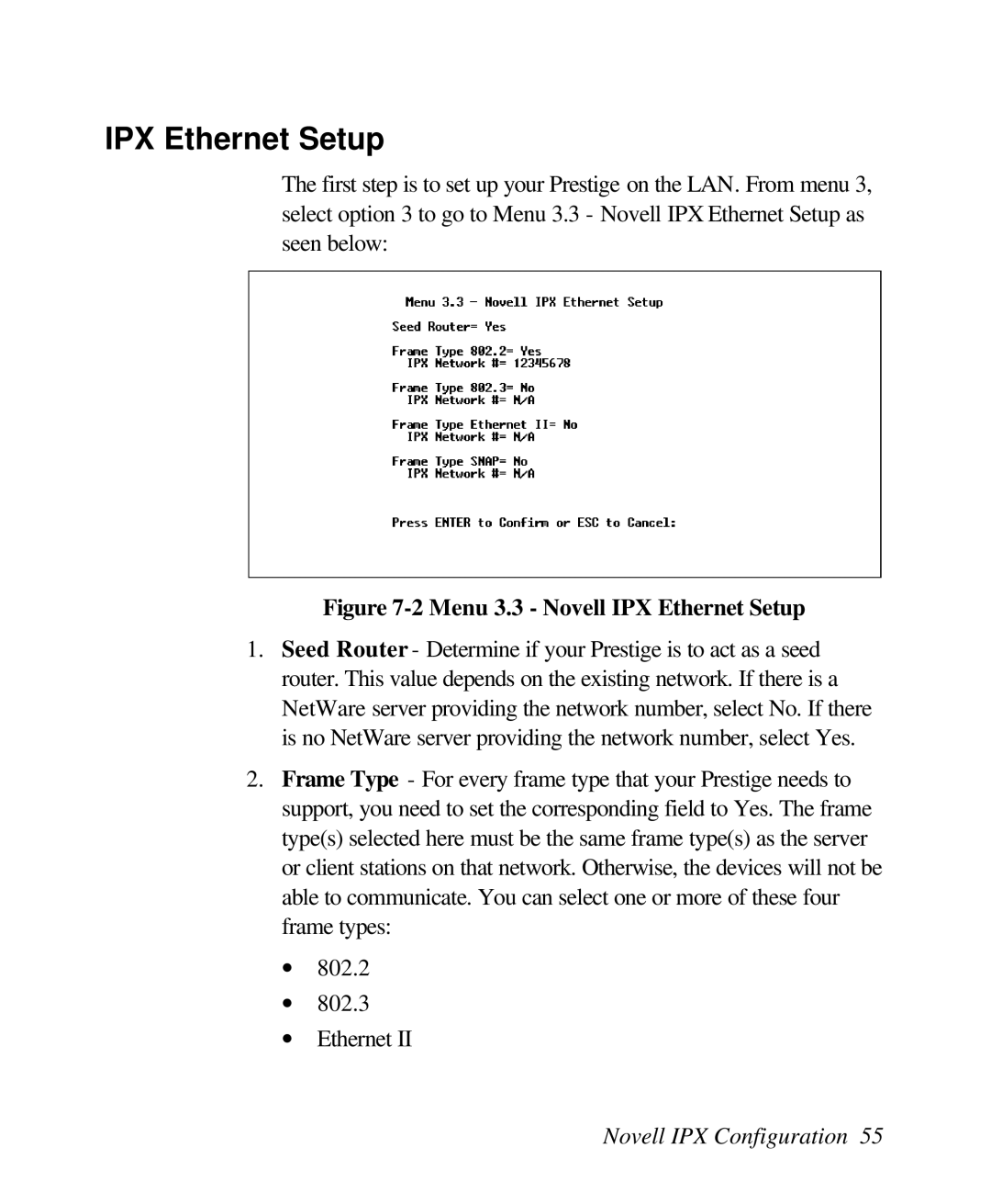 ZyXEL Communications 128L user manual Menu 3.3 Novell IPX Ethernet Setup 