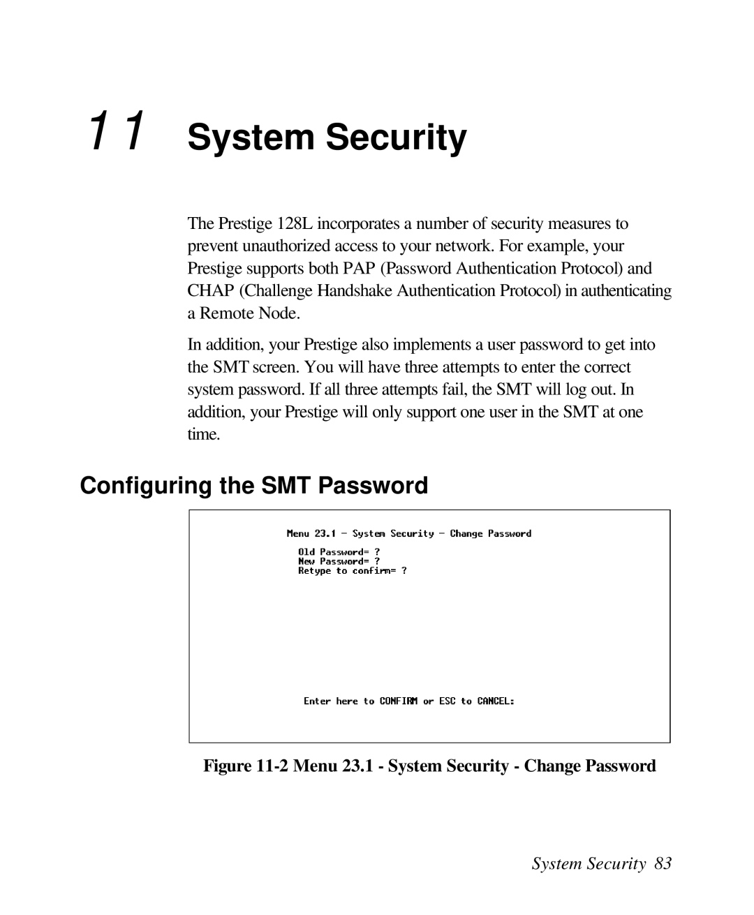 ZyXEL Communications 128L user manual System Security, Configuring the SMT Password 