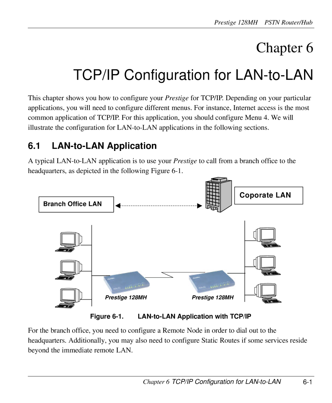 ZyXEL Communications 128MH user manual TCP/IP Configuration for LAN-to-LAN, LAN-to-LAN Application, Branch Office LAN 