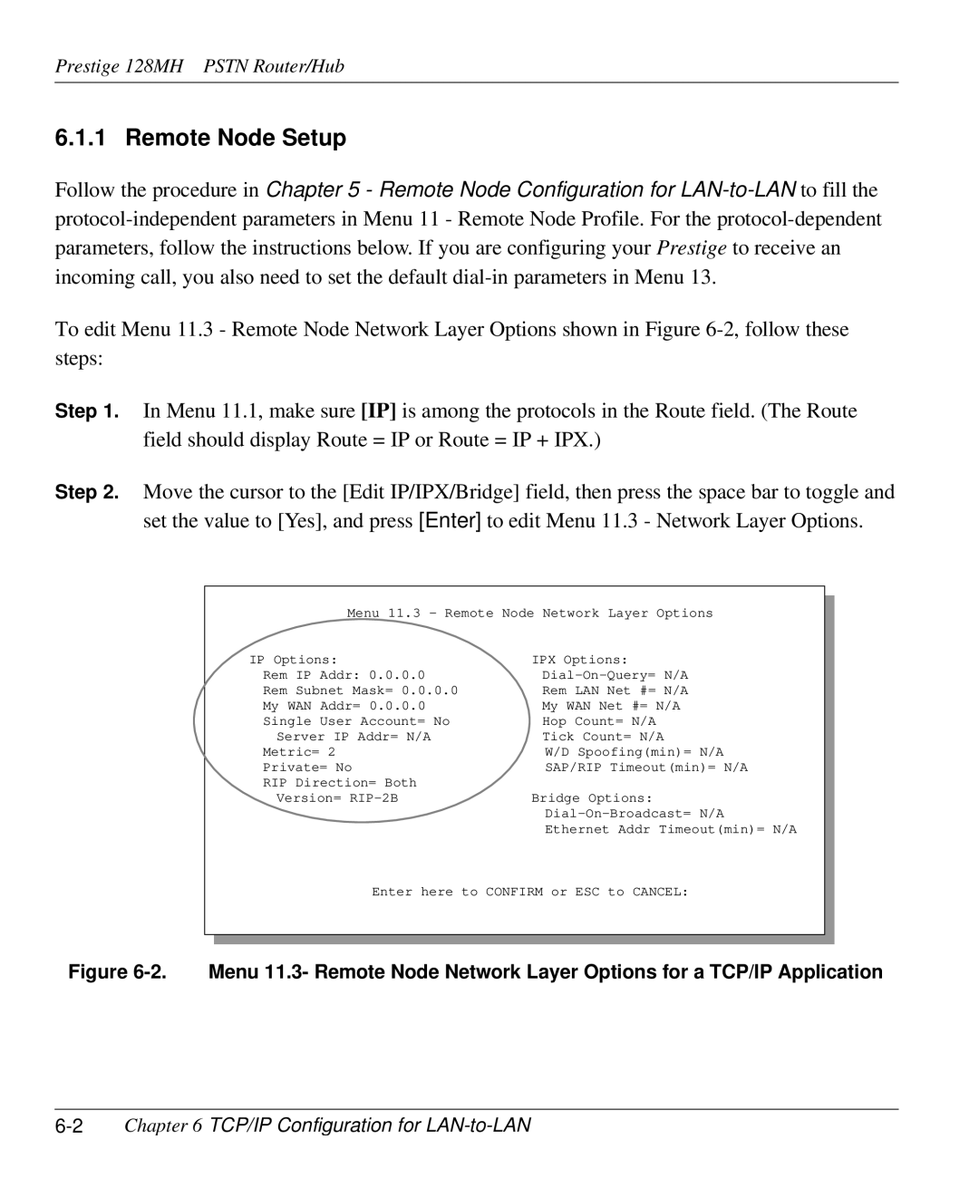 ZyXEL Communications 128MH user manual Remote Node Setup, 2Chapter 6 TCP/IP Configuration for LAN-to-LAN 