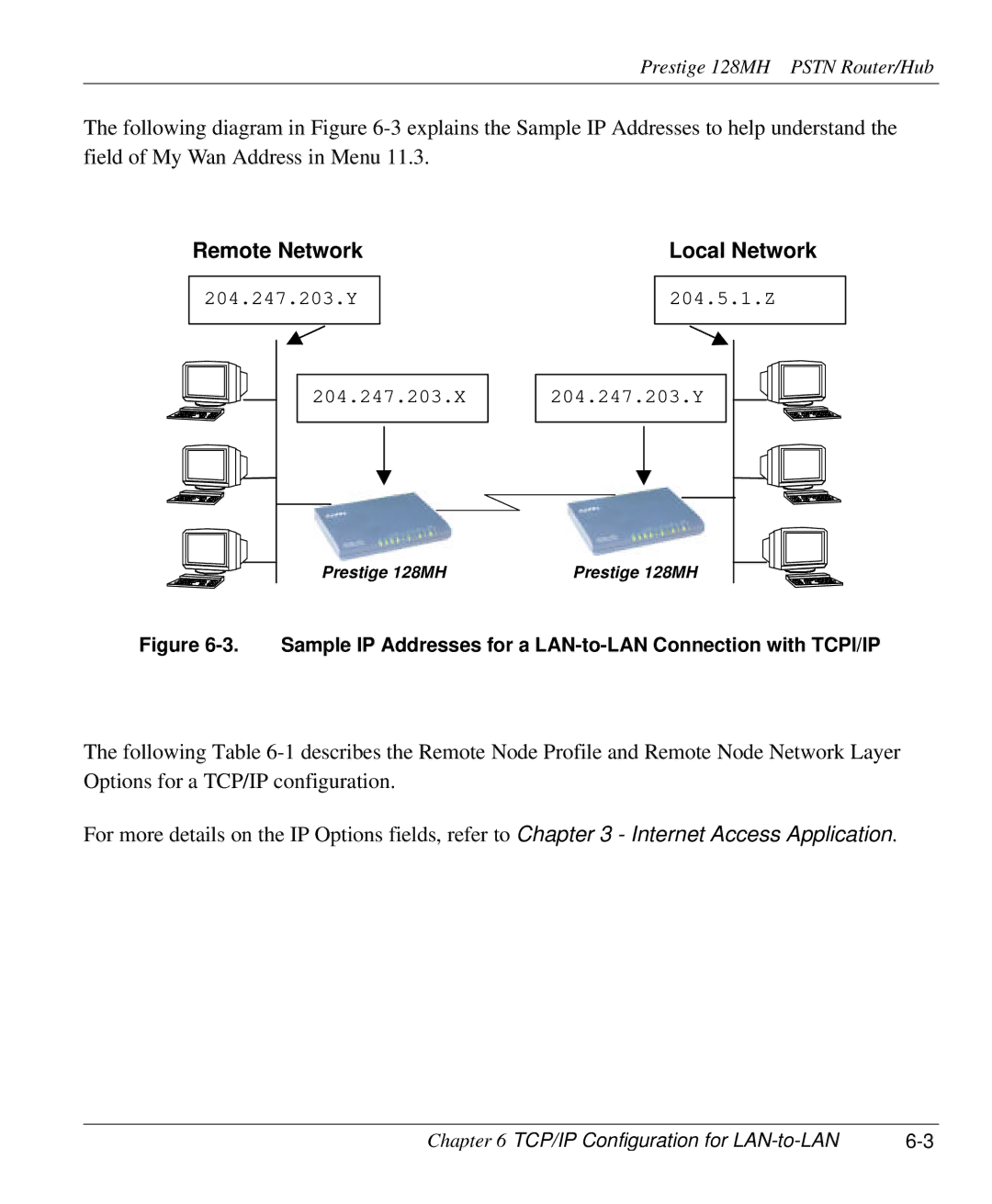 ZyXEL Communications 128MH user manual Remote Network, Sample IP Addresses for a LAN-to-LAN Connection with TCPI/IP 