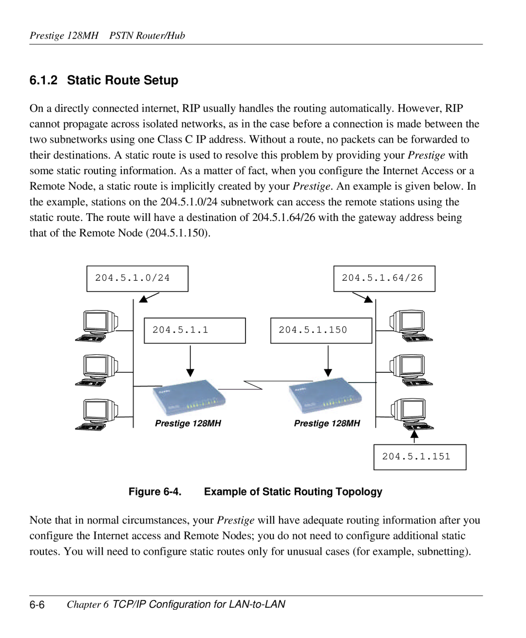 ZyXEL Communications 128MH user manual Static Route Setup, 6Chapter 6 TCP/IP Configuration for LAN-to-LAN 