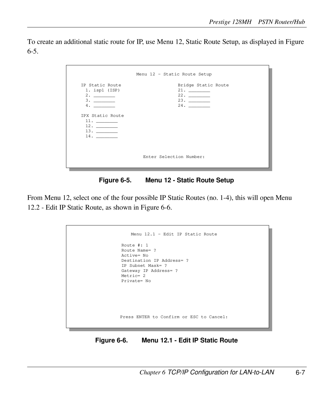 ZyXEL Communications 128MH user manual Menu 12 Static Route Setup 