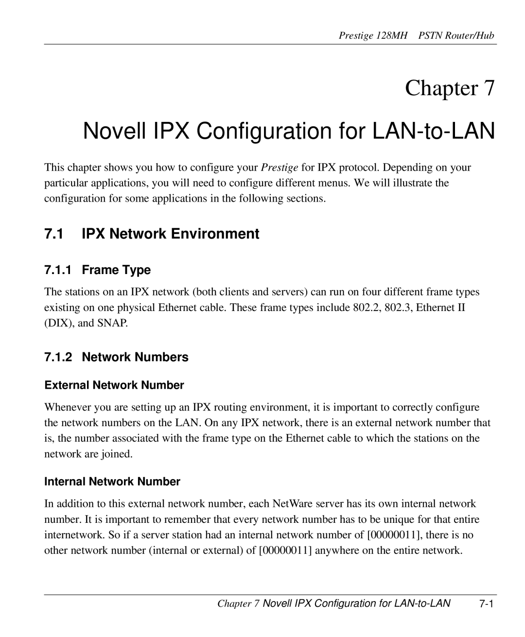 ZyXEL Communications 128MH Novell IPX Configuration for LAN-to-LAN, IPX Network Environment, Frame Type, Network Numbers 