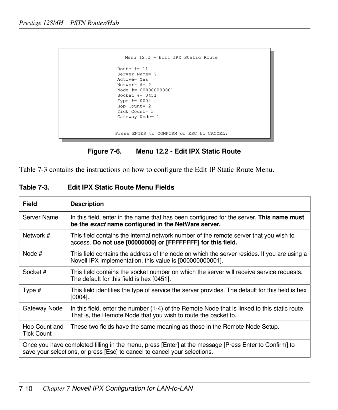 ZyXEL Communications 128MH Edit IPX Static Route Menu Fields, 10Chapter 7 Novell IPX Configuration for LAN-to-LAN 