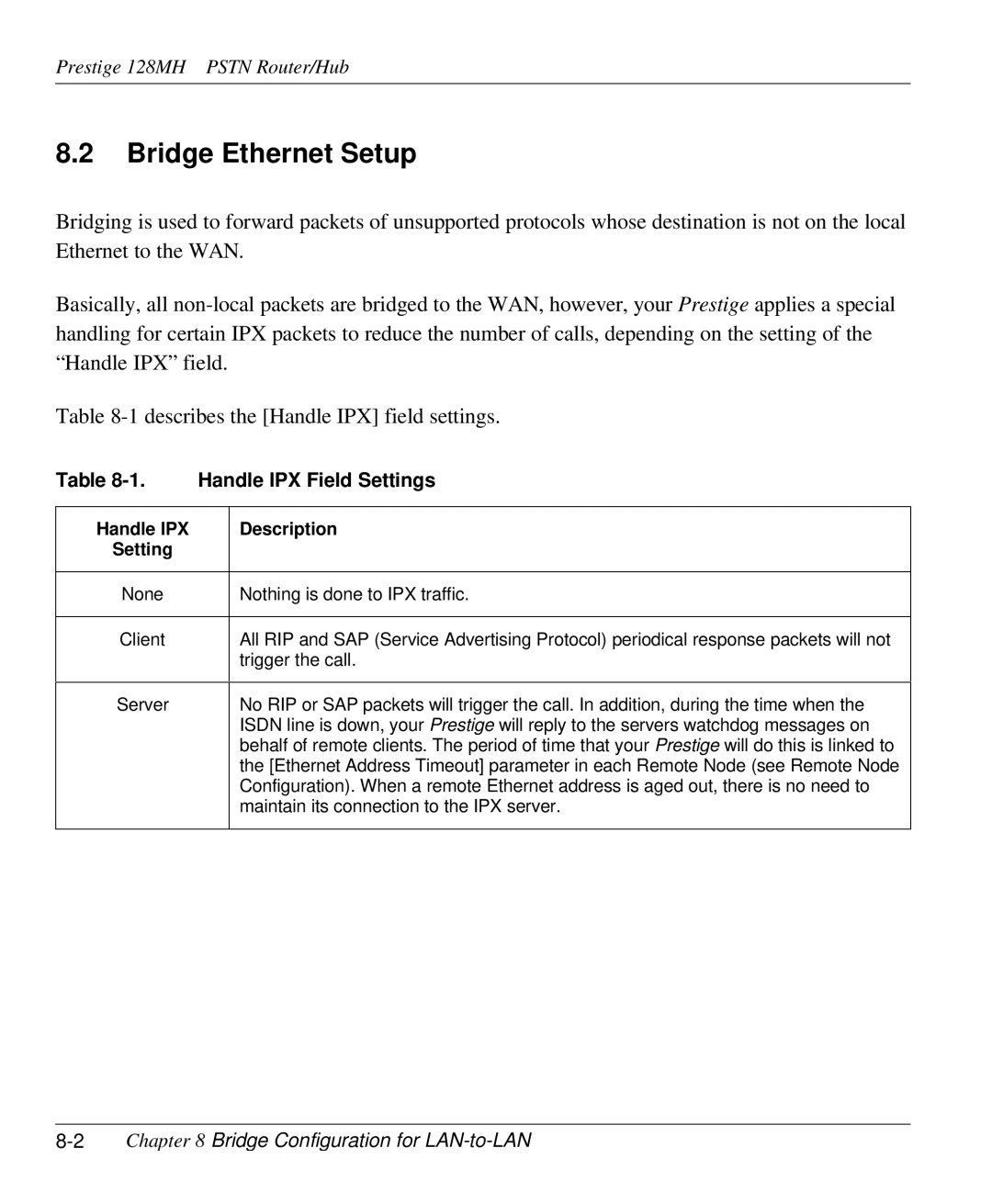 ZyXEL Communications 128MH user manual Bridge Ethernet Setup, Handle IPX Field Settings, Handle IPX Description Setting 