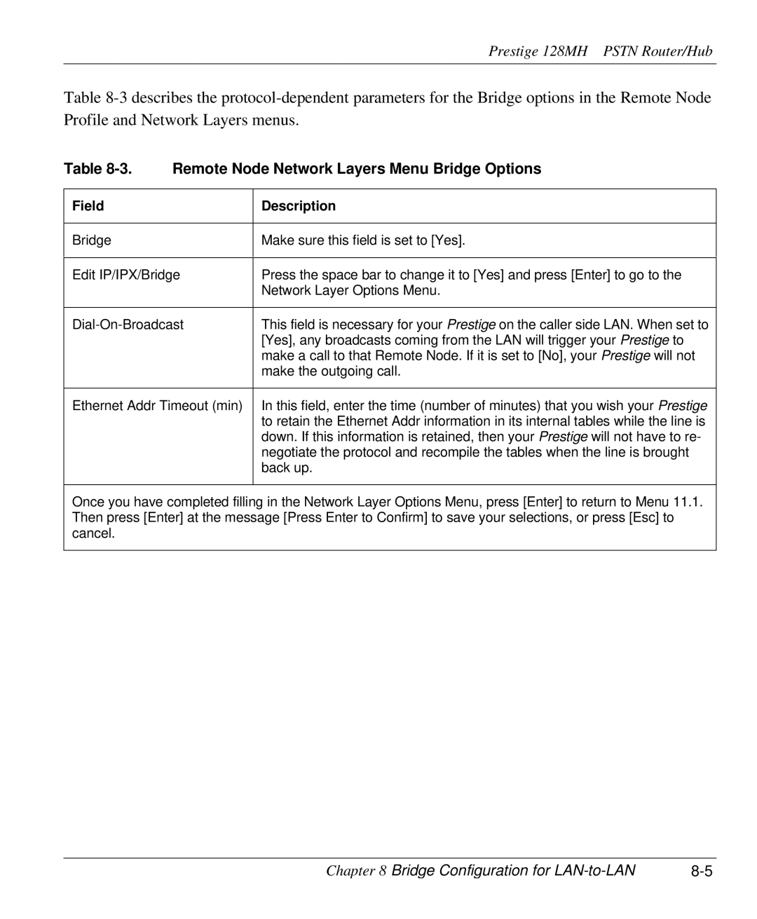 ZyXEL Communications 128MH user manual Remote Node Network Layers Menu Bridge Options, Field Description 