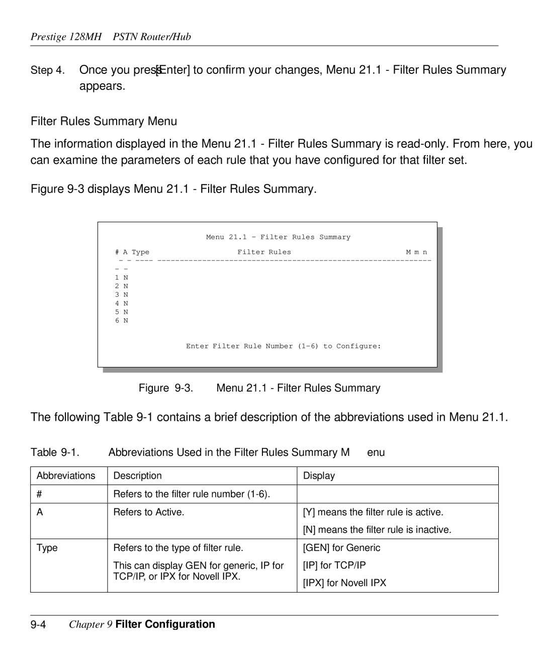 ZyXEL Communications 128MH Abbreviations Used in the Filter Rules Summary Menu, 4Chapter 9 Filter Configuration 