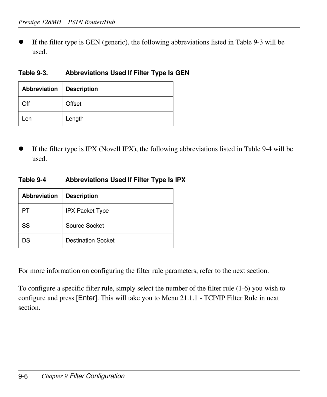 ZyXEL Communications 128MH user manual Abbreviations Used If Filter Type Is GEN, Abbreviations Used If Filter Type Is IPX 