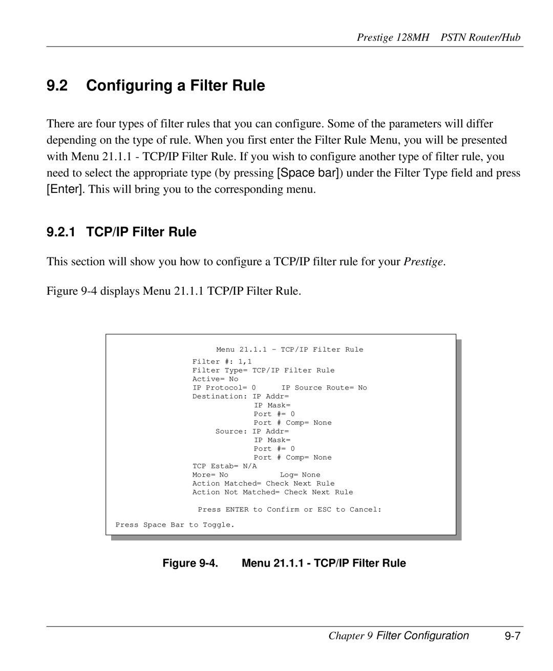 ZyXEL Communications 128MH user manual Configuring a Filter Rule, 1 TCP/IP Filter Rule 