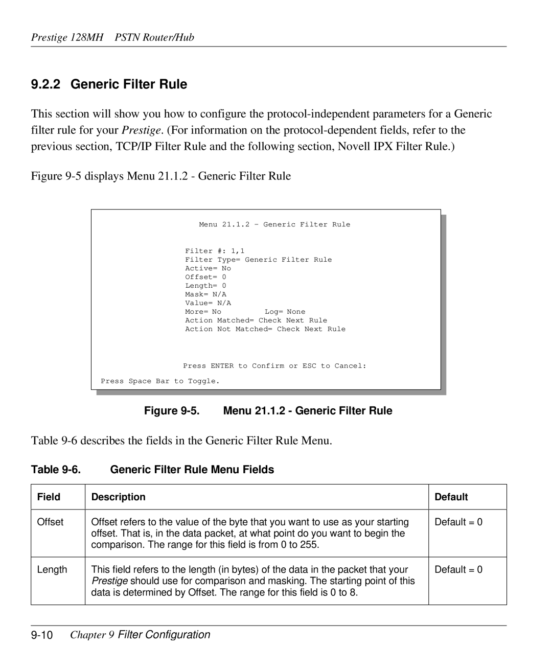 ZyXEL Communications 128MH user manual Generic Filter Rule Menu Fields, 10Chapter 9 Filter Configuration 