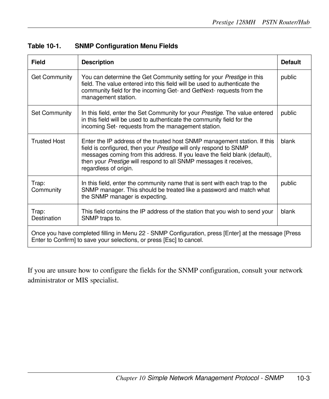 ZyXEL Communications 128MH user manual Snmp Configuration Menu Fields, Simple Network Management Protocol Snmp 10-3 