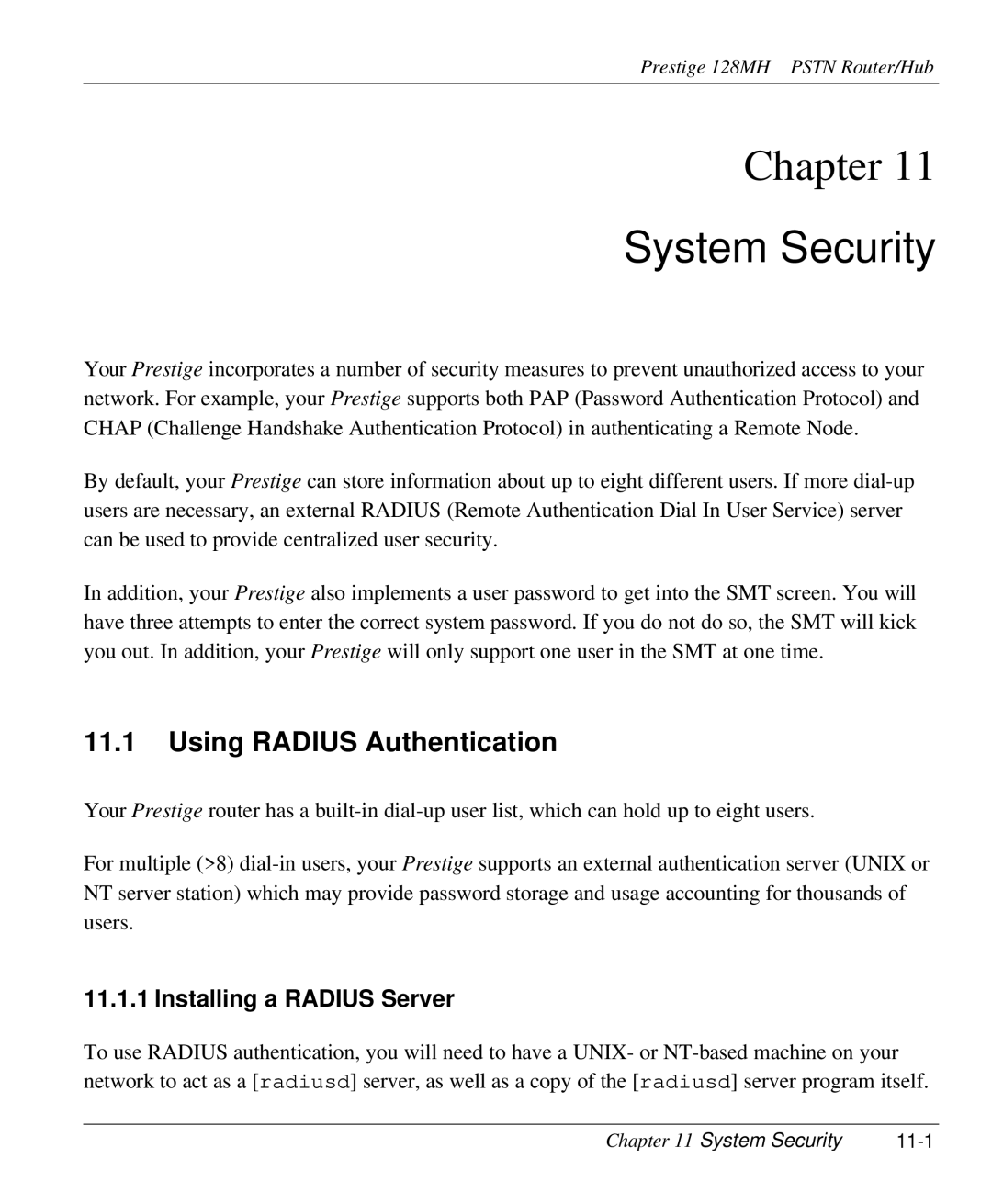 ZyXEL Communications 128MH user manual Using Radius Authentication, Installing a Radius Server, System Security 11-1 